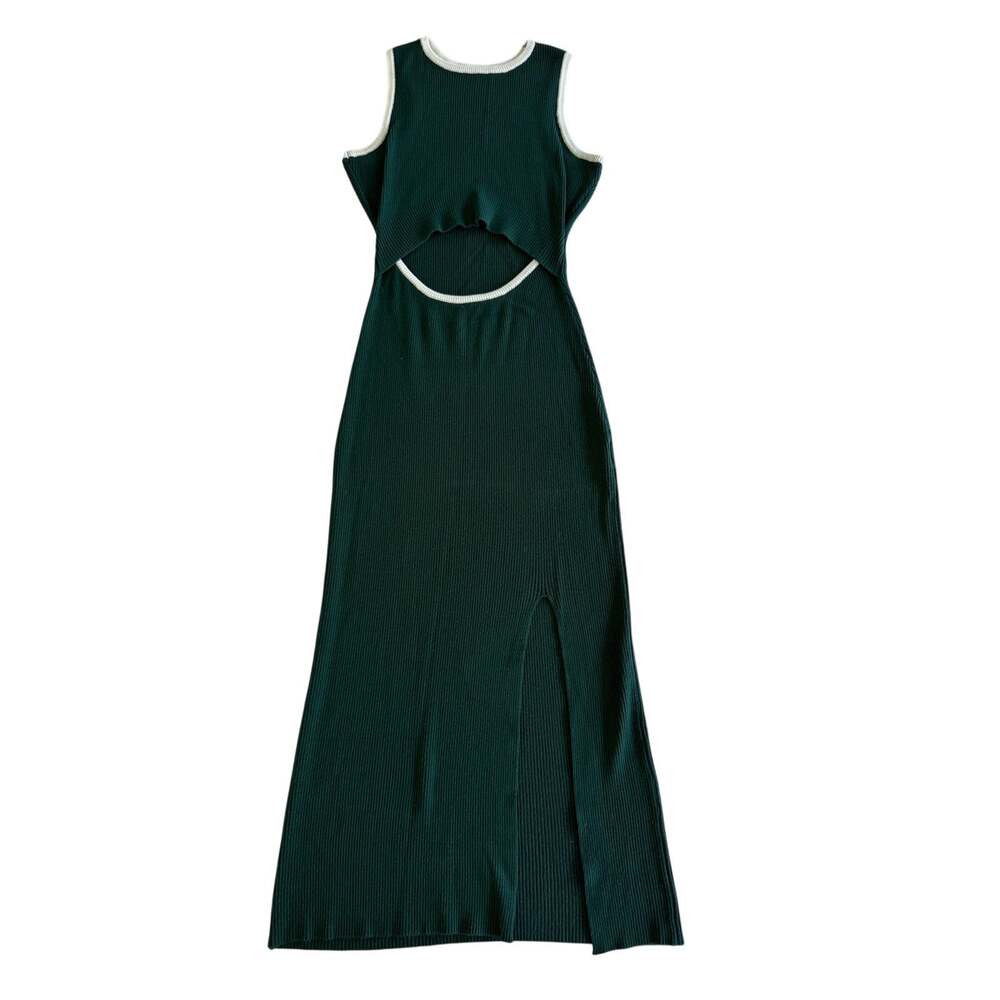 Women’s Ribbed Knit Sleeveless Midi Dress Green White Trim Cutout Slit Size M